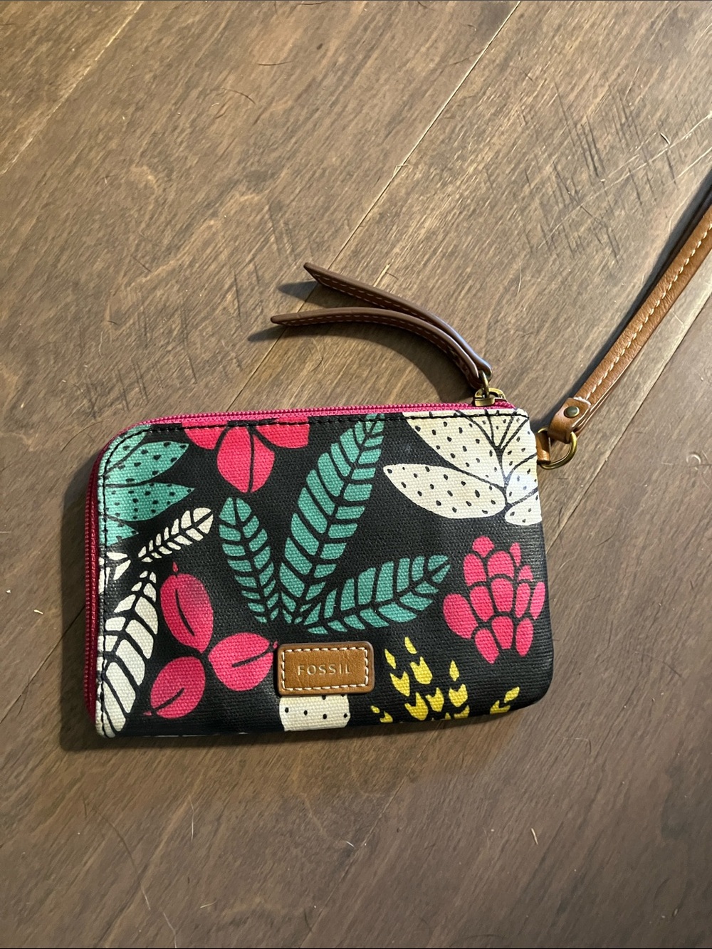 Fossil Black Floral Zip Wristlet with Pink, Teal & Cream Accents